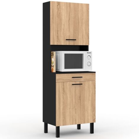 Idmarket – Buffet de cuisine 60 cm – 2 portes et tiroir noir – Niche 36 cm pour micro-ondes – Panneaux mélaminés 15 mm – Hauteur 177 cm