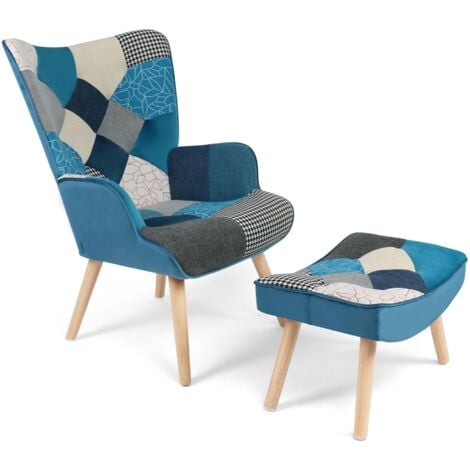 Fauteuil scandinave IVAR avec repose pieds en tissu patchwork et velours bleu