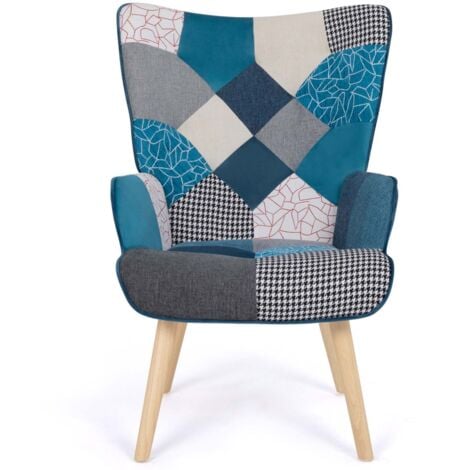 Fauteuil scandinave IVAR avec repose pieds en tissu patchwork et velours bleu
