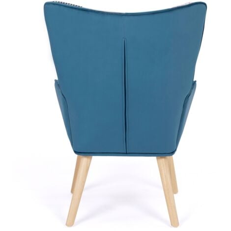 Fauteuil scandinave IVAR avec repose pieds en tissu patchwork et velours bleu