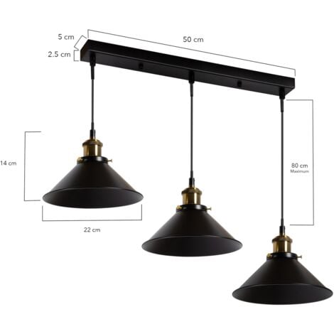 Suspension 3 lampes industrielles vintage en métal noir