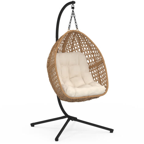 Fauteuil lune suspendu ajouré effet rotin avec coussin écru