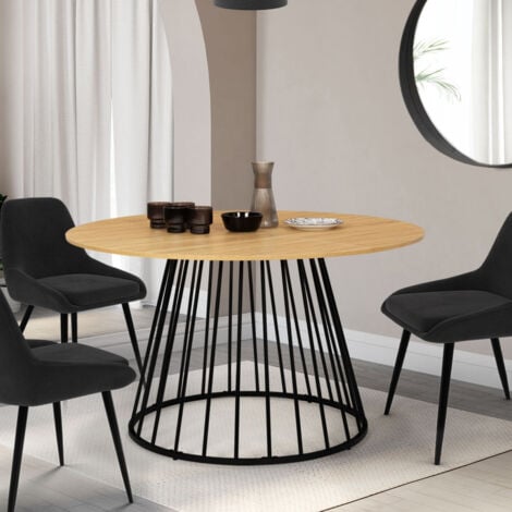 Table à manger ronde YUNA 6 personnes plateau bois et pied filaire en métal noir 110 cm