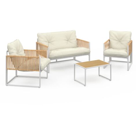 Salon de jardin bas RIO 4 places structure métal blanc, cordage effet rotin clair et coussins beige