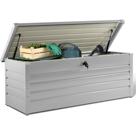 Coffre de rangement métal verrouillable gris clair pour jardin 600L 165x70x63 cm