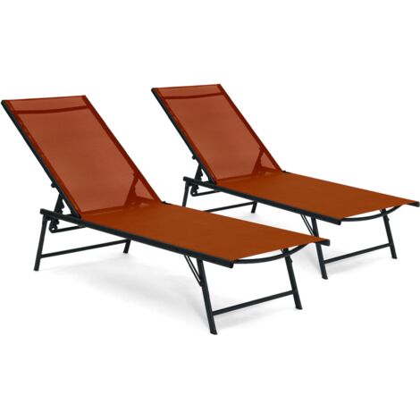 Lot de 2 transats de jardin inclinables KAILUA en acier gris anthracite et toile terracotta