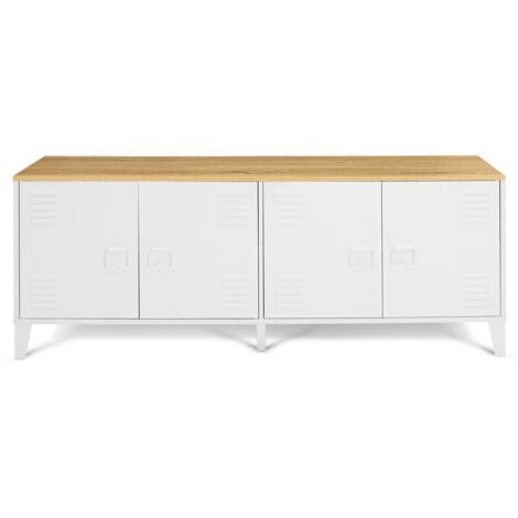 Buffet bas 140 cm ESTER 4 portes métal blanc plateau bois design industriel