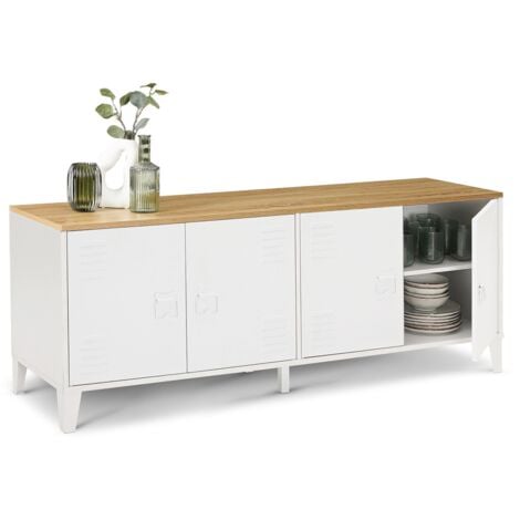 Buffet bas 140 cm ESTER 4 portes métal blanc plateau bois design industriel