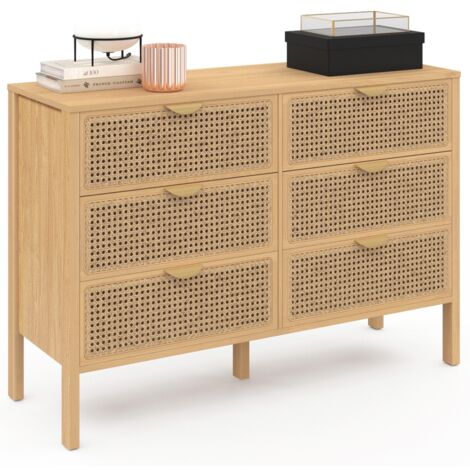 Idmarket – Commode 6 tiroirs 115 cm – Cannage bois naturel – Dimensions 115x40x80 cm – Structure panneaux de particules – Capacité 30 kg