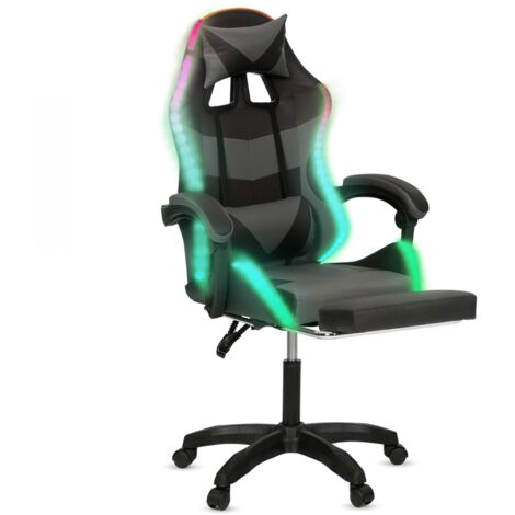 Idmarket – Fauteuil de gaming LED avec repose-pied – Coussin de tête et support lombaire ajustables – Revêtement PVC déperlant – Dossier inclinable 135°