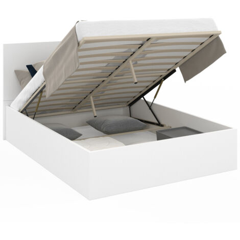 Idmarket – Lit coffre double 140 x 190 cm blanc – Grand coffre de rangement – Tête de lit confortable – Structure en panneaux de particules