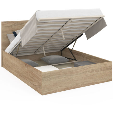 Idmarket – Lit coffre double SEASIDE 140x190 cm – Tête de lit – Sommier 24 lattes en bois – Coffre de rangement avec vérins de levage