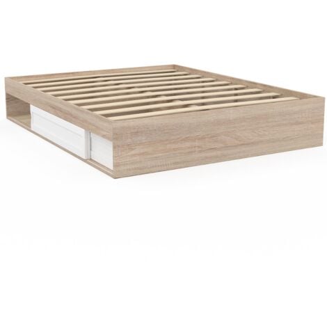 Cadre de lit double SALEM avec rangements et sommier 160 x 200 cm façon hêtre et blanc
