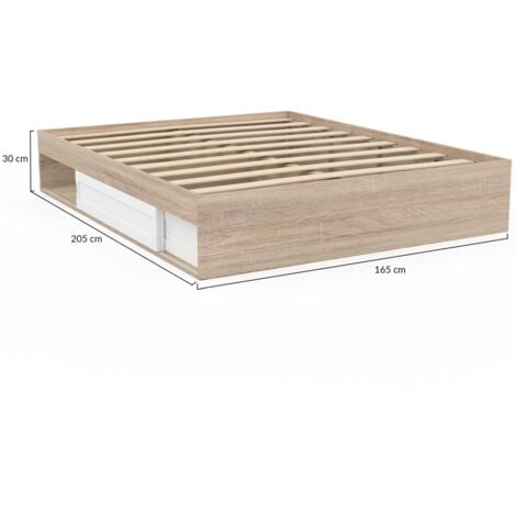 Cadre de lit double SALEM avec rangements et sommier 160 x 200 cm façon hêtre et blanc