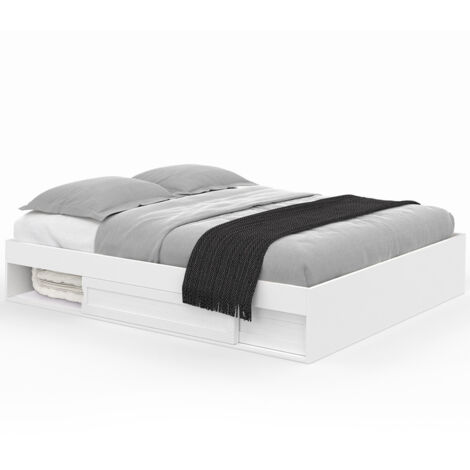 Idmarket – Cadre de lit double avec rangements – Lit 160 x 200 cm blanc – Structure en panneaux de particules – Sommier 10 lattes inclus