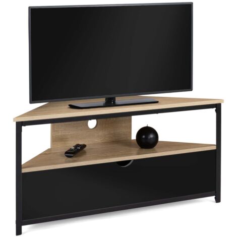 Idmarket – Meuble TV d'angle 100 cm noir – Placard et étagère ouverte – Design industriel en métal et panneaux de particules – Pour petits espaces
