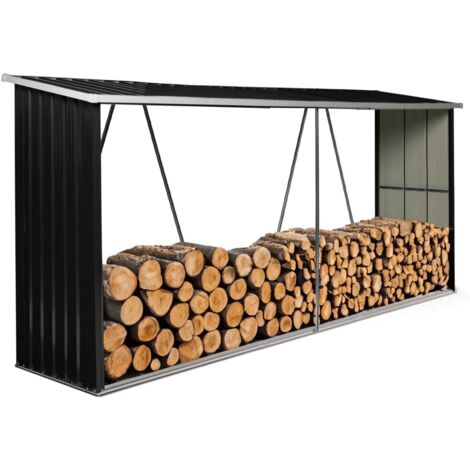 Idmarket – Abri à bûches 4 m³ en acier galvanisé gris – Dimensions 335x83x145/157 cm – Ventilation optimale pour bois – Toit incliné anti-intempéries