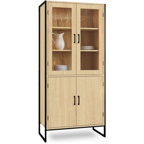 Idmarket – Buffet haut 176 cm 4 portes – Vitrine vaisselier en bois et métal – Design industriel – Espace de rangement optimisé