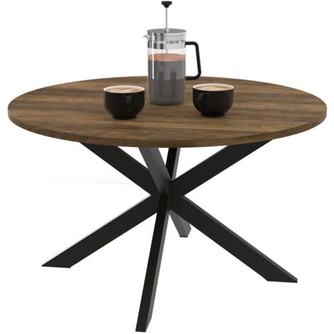 Idmarket – Table basse ronde HAWKINS 70 cm – Plateau en bois foncé – Pied araignée en métal noir – Design industriel pour salon et bureau