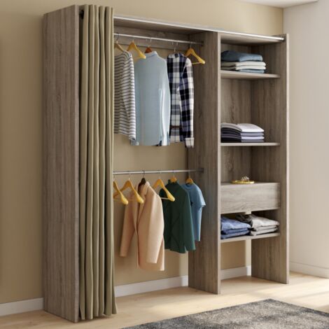 Dressing extensible MARTY 120/170 x 50 x 180 cm hêtre avec étagères + double penderie + rideau taupe