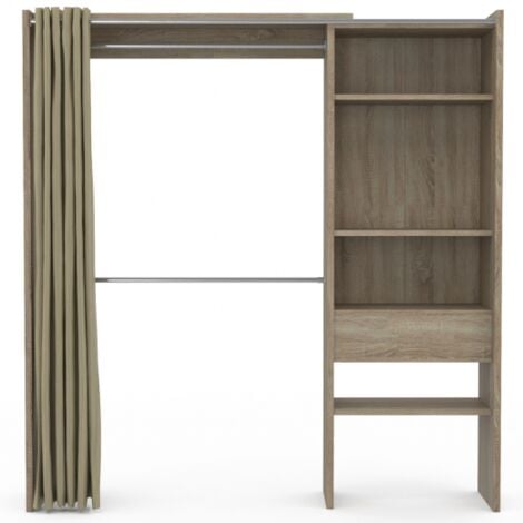 Dressing extensible MARTY 120/170 x 50 x 180 cm hêtre avec étagères + double penderie + rideau taupe