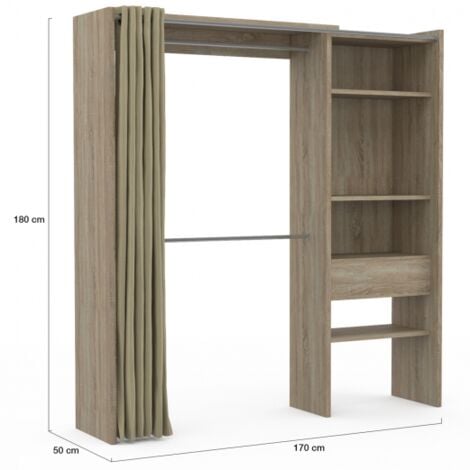 Dressing extensible MARTY 120/170 x 50 x 180 cm hêtre avec étagères + double penderie + rideau taupe