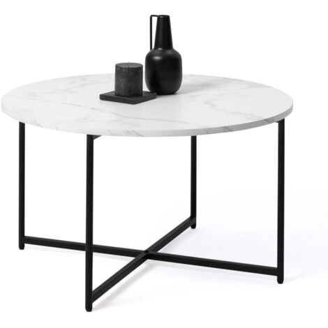 Table basse ALASKA ronde 70 cm effet marbre et pied métal noir