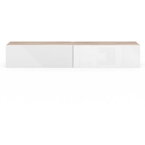 Meuble TV 180 cm suspendu ELIO 2 portes bois et blanc