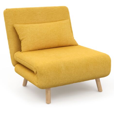 Idmarket – Fauteuil convertible 1 place 80x190 cm en tissu jaune – Design scandinave – Assise rembourrée – Pieds en bois et métal rétractables