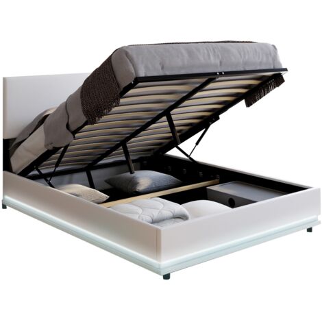 Lit Coffre Double SEASIDE 160x200 Cm Avec Tête De Lit - Rangement Intégré, Sommier Lattes, Style Hêtre Moderne