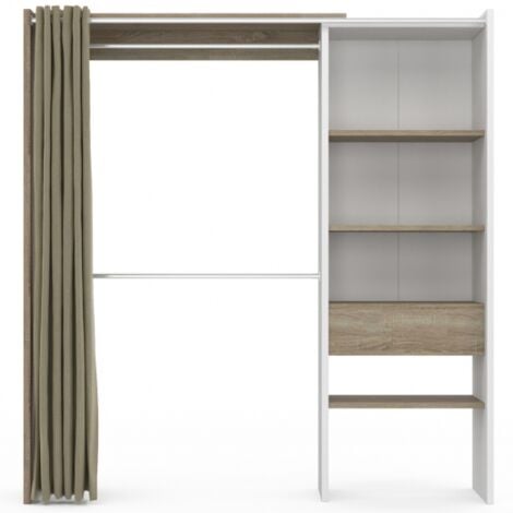 Dressing extensible MARTY 120/170 x 50 x 180 cm blanc avec étagères hêtre + double penderie + rideau taupe