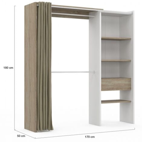 Dressing extensible MARTY 120/170 x 50 x 180 cm blanc avec étagères hêtre + double penderie + rideau taupe