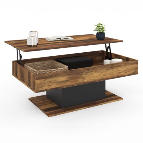 Idmarket – Table basse relevable rectangulaire 110x60 cm – Bois foncé effet vieilli et noir – Hauteur réglable 40/53 cm – Pied central noir