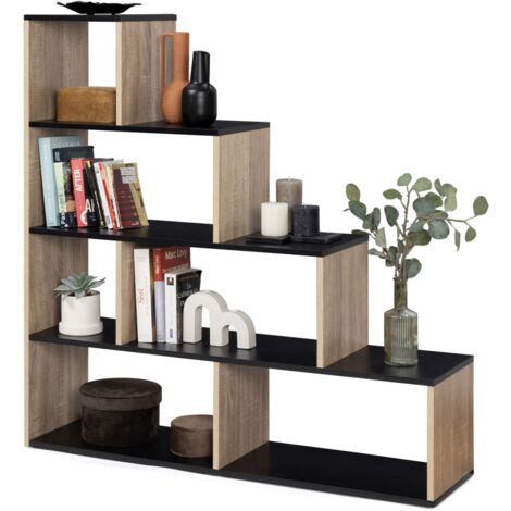Idmarket – Bibliothèque escalier LINA 114x30x114 cm – Bois façon hêtre et noir – 4 niveaux – 6 cases – Kit de fixation murale inclus