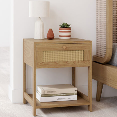 Idmarket – Lot de 2 tables de chevet vintage 1 tiroir – Effet cannage et bois clair – Dimensions 40x40x48 cm – Multifonctionnelles pour rangement