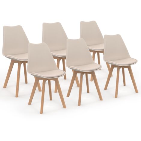 Idmarket – Lot de 6 chaises scandinaves beige – Assise rembourrée en polypropylène – Pieds en bois d'hévéa – Dimensions 46x51x79,5cm
