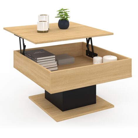 Idmarket – Table basse relevable carrée 70x70cm – Bois mélaminé noir et bois – Système de plateau transformable en table à manger – Rangement intégré