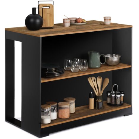 Idmarket – Table de bar îlot en panneaux de particules noir – Dimensions 113x60x90 cm – 2 étagères pour rangement – Montage facile