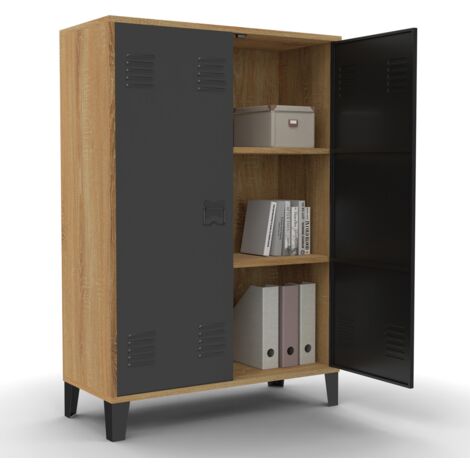 Idmarket – Armoire basse 2 portes métal noir – Contour bois hêtre – Dimensions 75x33x110 cm – Fermeture aimantée – Pour rangement documents et vêtements