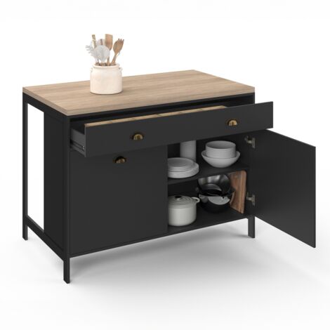 Idmarket – Îlot central 120 cm – Plateau bois mélaminé façon hêtre et noir – Hauteur 90 cm – Grand tiroir et placards avec étagères ajustables