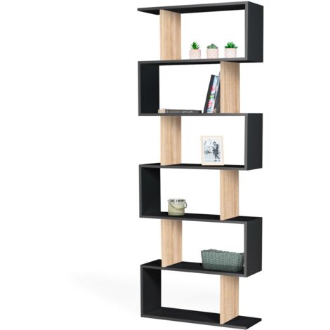 Idmarket – Étagère bibliothèque SOFIA forme S 189 cm – Bois mélaminé noir et hêtre – 6 niveaux pour rangement et décoration