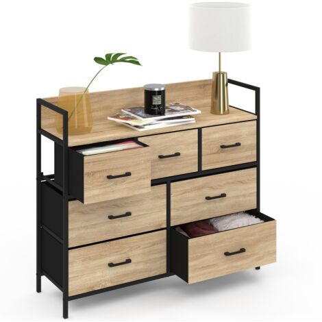 Idmarket – Commode 7 tiroirs en tissu effet bois 100 cm – Design industriel noir – Rangement pour vêtements et linge volumineux – Montage facile