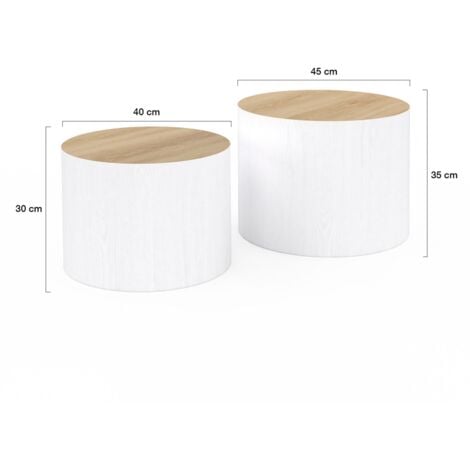 Lot de 2 tables basses cylindres gigognes GALIA bois et blanc