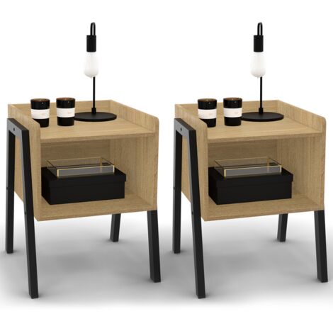 Idmarket – Lot de 2 tables de chevet avec niche en bois et pieds en métal noir – Dimensions 40x40x50 cm – Style industriel moderne