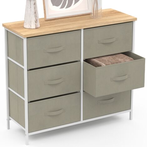 Idmarket – Commode 6 tiroirs en tissu gris clair – Longueur 80 cm x largeur 30 cm x hauteur 70 cm – Plateau effet bois design industriel
