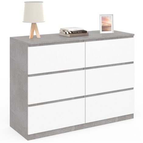 Idmarket – Commode 6 tiroirs 110 cm – Blanc effet béton – Dimensions 110x40x80 cm – À monter soi-même – Rangement chambre ou bureau