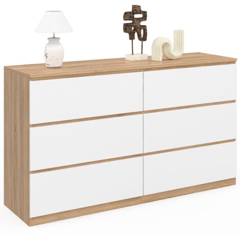 Idmarket – Commode 6 tiroirs 140 cm en bois façon hêtre et blanc – Largeur 40 cm – Hauteur 80 cm – Design moderne et épuré
