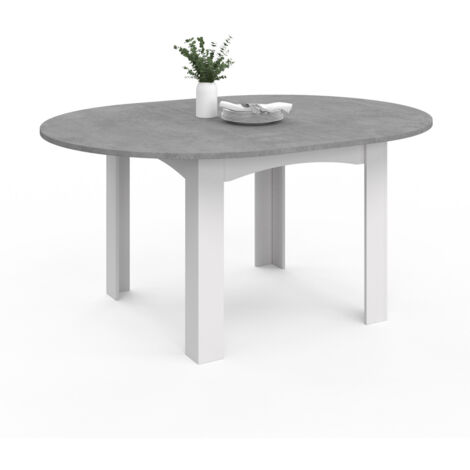 Idmarket – Table à manger extensible ronde – 4-8 personnes – Blanc effet béton – Longueur 110-150 cm – Design contemporain – Idéale pour petits et grands espaces
