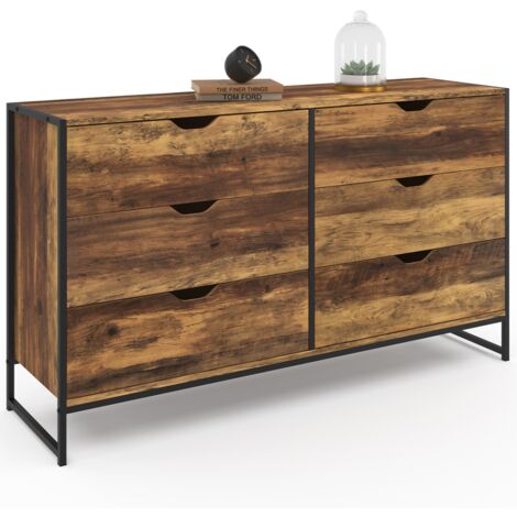 Idmarket – Commode 6 tiroirs industrielle 140 cm – Bois effet vieilli et métal noir – Pour rangement linge volumineux – Pieds métalliques robustes