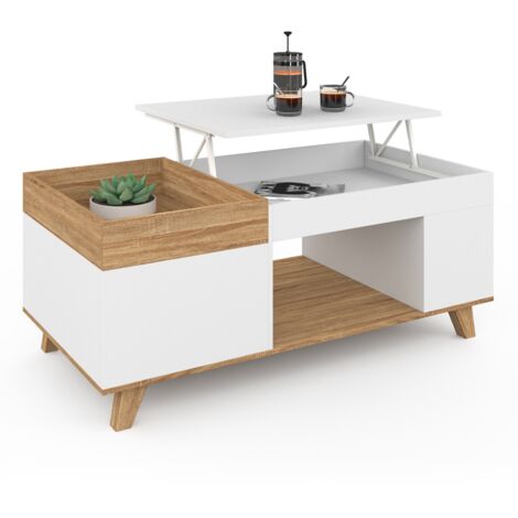Idmarket – Table basse gigogne avec coffre – Plateau relevable et amovible – Bois blanc et hêtre – Dimensions 110x55x45/58cm